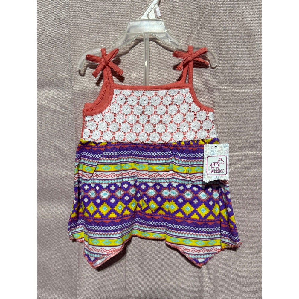 Swiggles Baby Girls Tribal Print Handkerchief Hem Lace Top Coral Pink 18 Months